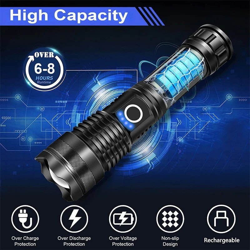 High Power Rechargeable LED Tactical Flashlight Aluminum Alloy Super Bright Telescopic Zoom Torch Lamp Outdoor Camping Fishing