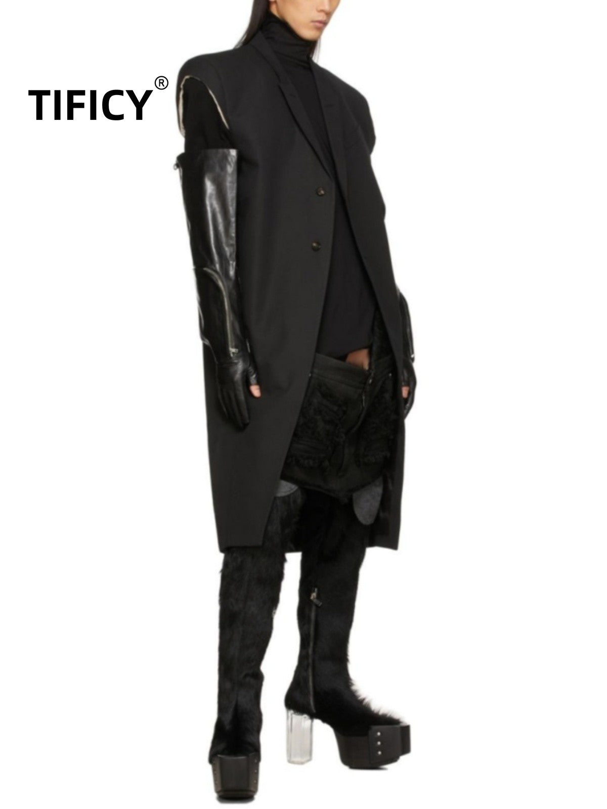 High Street Men's and Women's RO Dark Show Knitted Edge Splicing Sleeve Wide Shoulder Windbreaker Coat Medium Length Blazer Coat