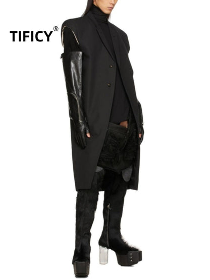 High Street Men's and Women's RO Dark Show Knitted Edge Splicing Sleeve Wide Shoulder Windbreaker Coat Medium Length Blazer Coat