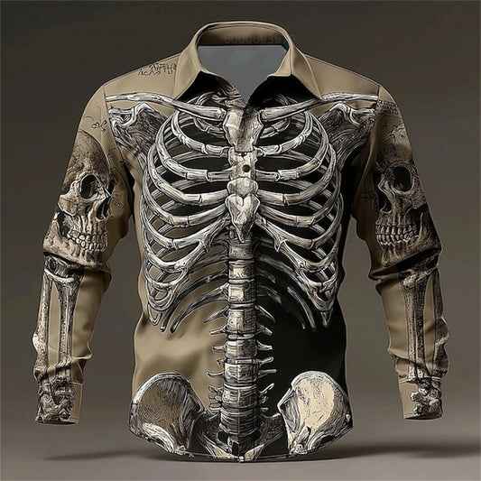 Men's Skull Day of the Dead Rose Shirt Casual Formal Button Shirt Long Sleeve Dark Punk Gothic Style Holiday Lapel Shirt White