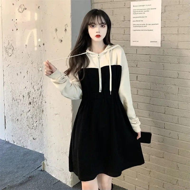 Plus Size Casual Color Blocking Hooded Slimming Dress Early Autumn New Style Drawstring Slim Fit Cropped Versatile Dress For Plu