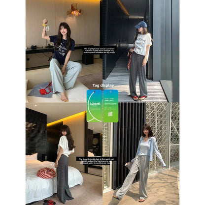 Baishiwang Silk Blend Knitted Pants Women's Summer Loose Casual Drape Long Striped Trousers Versatile Comfortable Long Pants