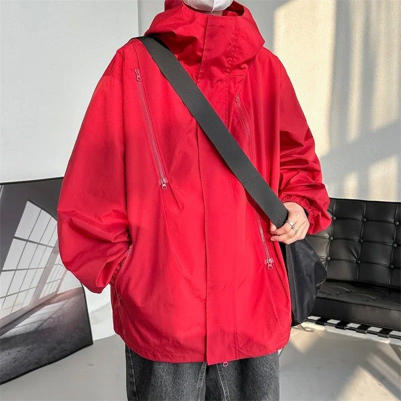 2024 Men Hooded Jacket Men Bomber Jacket Mens Windbreakers Zipper Coats Spring Autumn Loose Cargo Jacket Men Casual Sportswear
