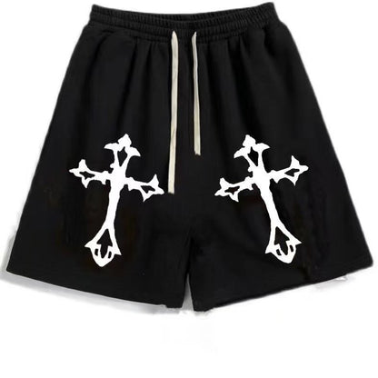 Street Hip-hop Cross Design Pattern Loose Casual Shorts Men American Y2K Harajuku Oversized Fashion Versatile Mid-pants Women