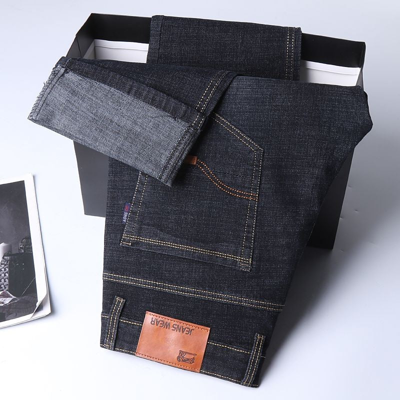 Calça Jeans Masculina Primavera Outono Negócios Casual Confortável Reta Denim Elástica Moda Clássica Macia Premium Azul Preto