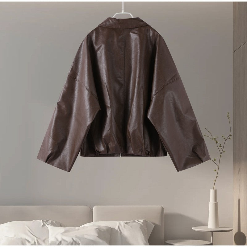 Street Stand Collar Women's Leather Jacket Loose Long Sleeve Zipper Pockets Chic Female Coats 2025 Autumn Winter Lady Outerwear