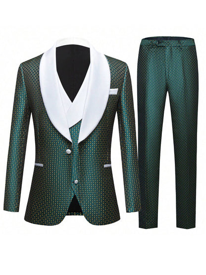 Men's three-piece green jacquard slim-fitting suit set, including paisley pattern suit jacket, vest, and pants, suitable for bal