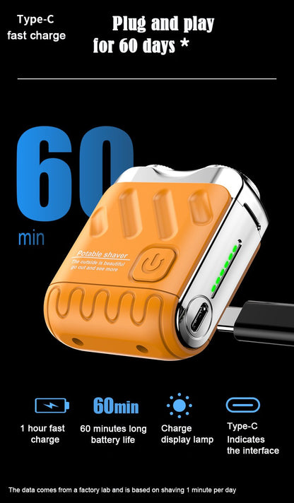 Mini Shaver On-The-Go, Portable Electric Shaver for Men, Dry Shave, USB-C?IPX7 Waterproof Easy Cleaning, Battery Indicator
