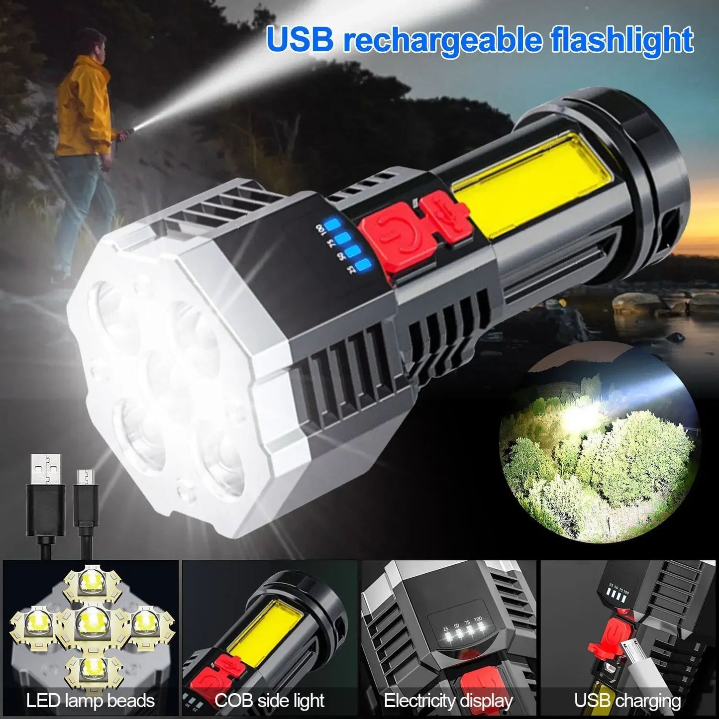 COB High Power LED Flashlight USB Rechargeable Waterproof Lamp For Camping Hiking Fishing Portable Flashlight Emergency Lantern
