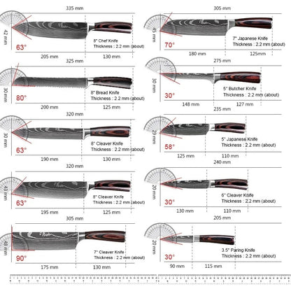 ZENG 10-piece set Damascus Pattern Cooking Cutter Kitchen Knife Chef Knives Meat Cleaver Fruit Vegetable Knife Slicing Knife