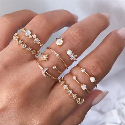 Conjunto de Anéis de Cristal Cor Prata para Mulheres, Anéis de Dedo de Zircônia Cúbica de Lua, Flecha, Flor, Coração, Joias Femininas da Moda