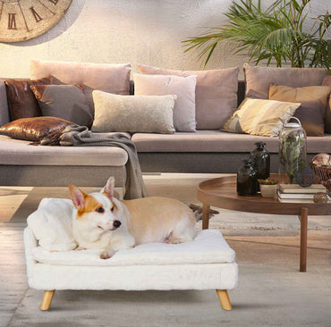 Cama Elevada para Animais de Estimação, Cama Nórdica para Animais de Estimação com Almofada Aconchegante Impermeável, Sofá-Cama para Animais de Estimação com Pernas de Madeira Resistentes para Cães e Gatos Pequenos