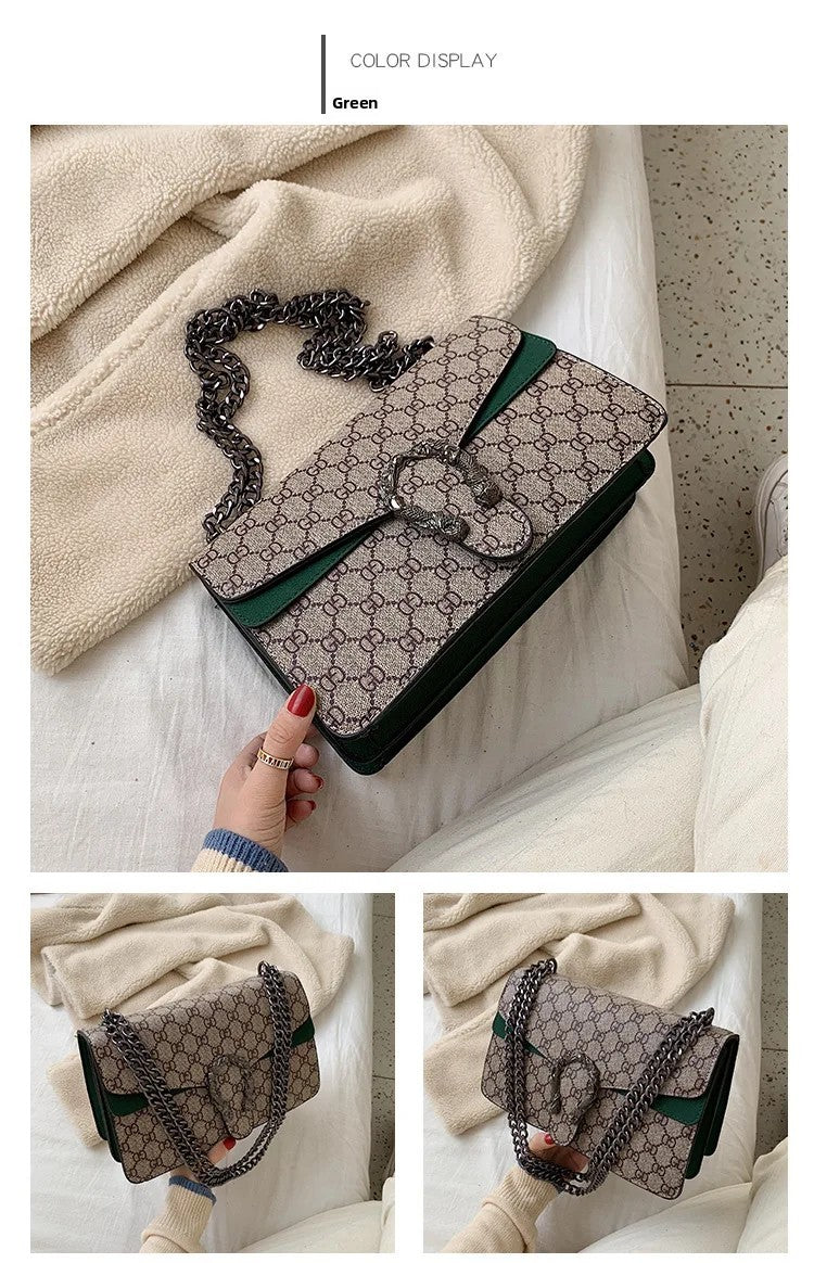 Women Stylish Retro Print Shoulder Crossbody Bag Fashionable Chain Underarm Purse Medium Hardness Polyester Lining