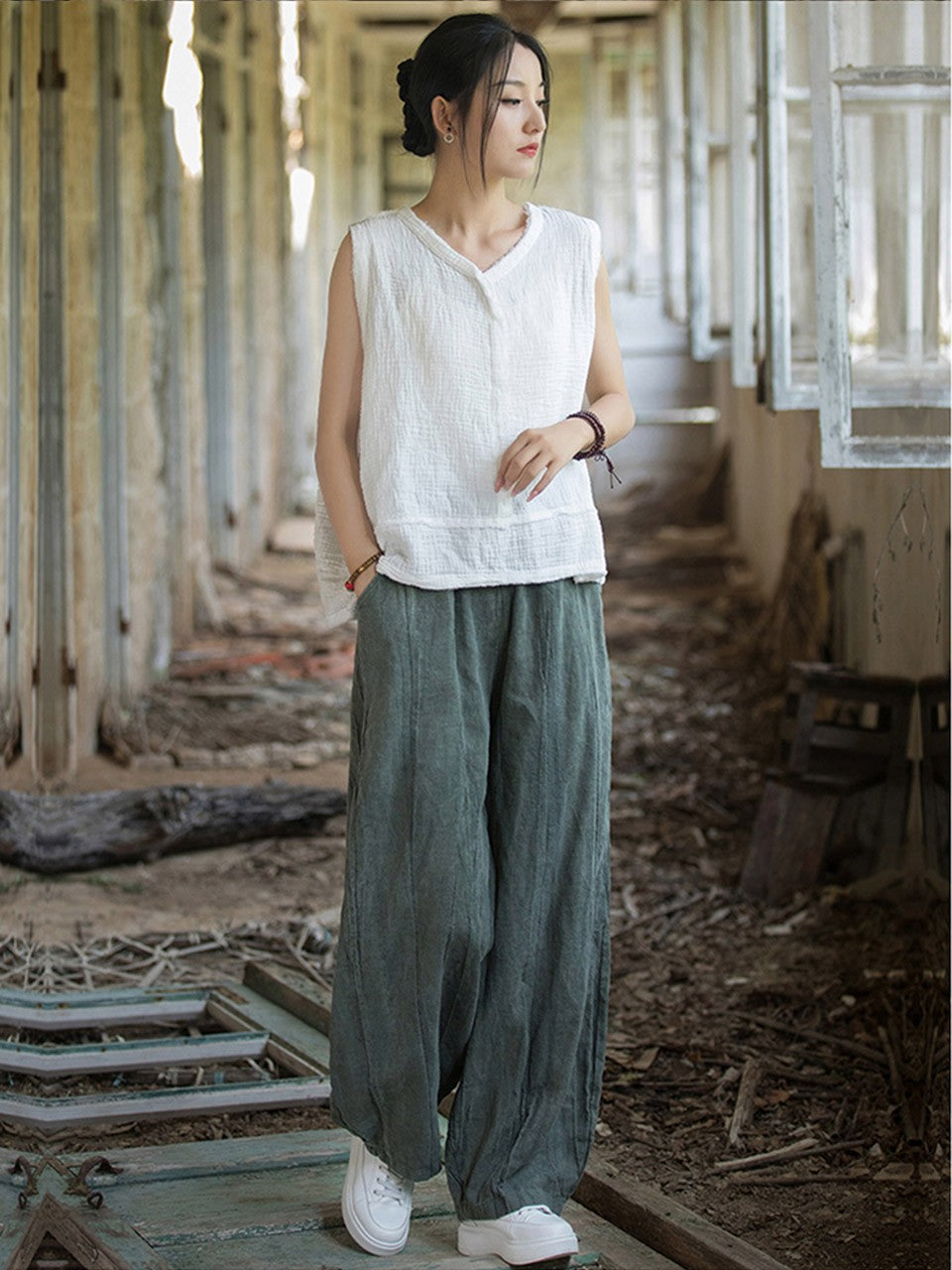 Elegant Women's Cotton Linen Baggy Cargo Pants Vintage Elastic Waist Yoga Trousers Loose Casual Long Wide Leg Oversize Clothes