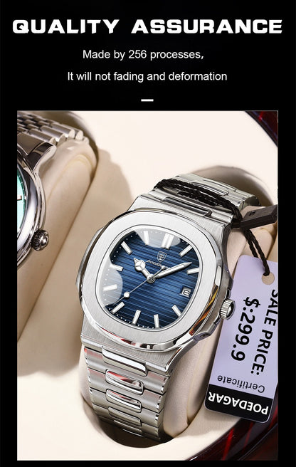 Relógio Masculino de Luxo POEDAGAR 50 ATM À Prova D'água Relógio Masculino Luminoso Data Aço Inoxidável Quadrado Quartzo Relógios Masculinos reloj hombre