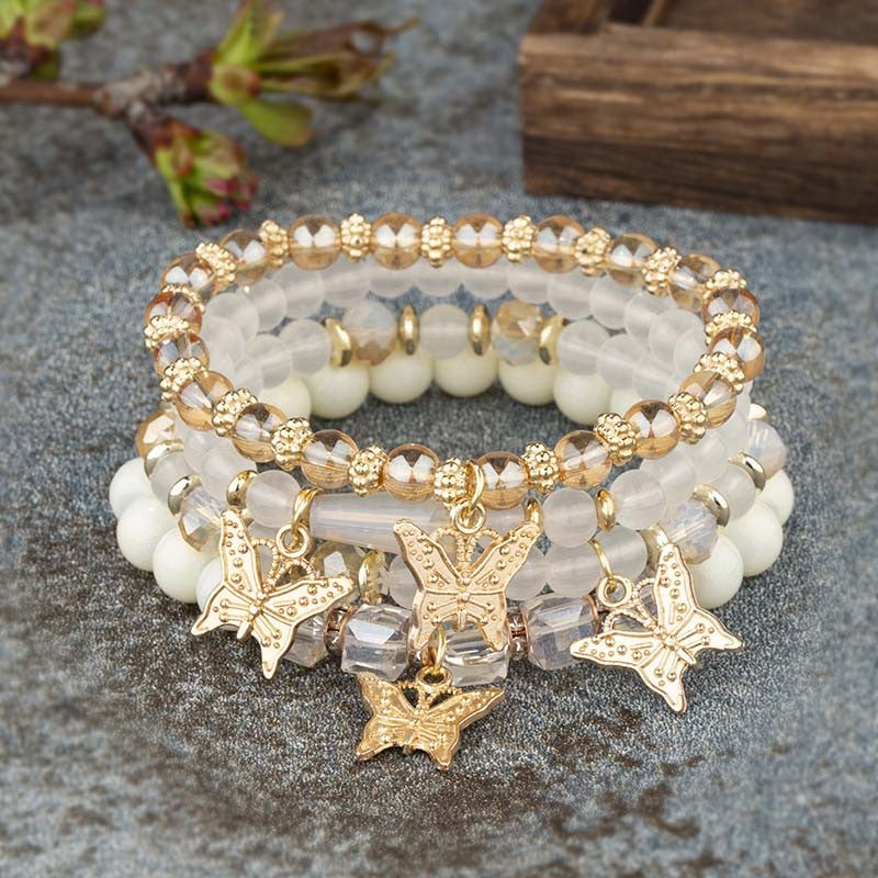 Conjunto de Pulseiras Femininas Boho com 4 Peças, Borboleta, Cristais e Miçangas, Joias da Moda, Presente para Festas