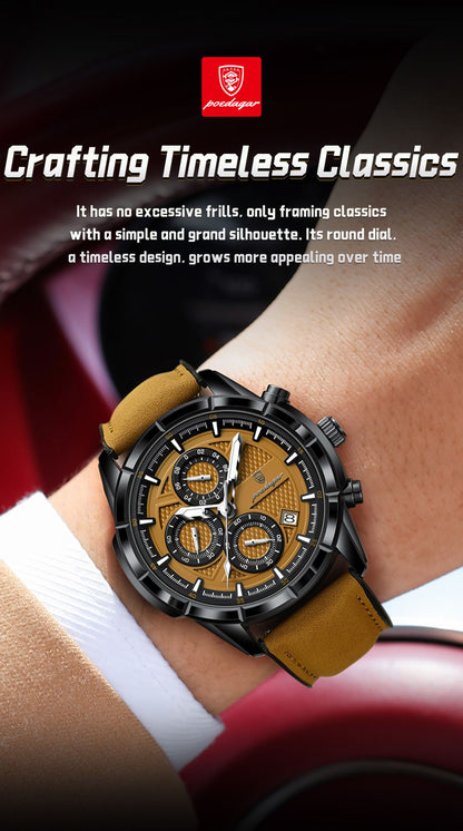 POEDAGAR Luxury Top Men Wristwatch Quartz Original Leather Men's Watches Date Chronograph Waterproof Luminous Man Watch Male+Box