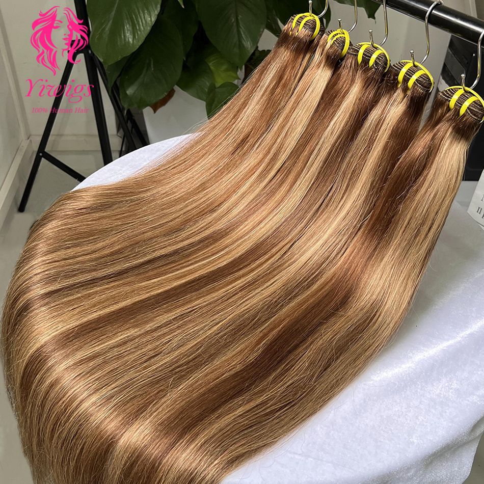 Yiwigs 15A Grade P4/27 Straight Highlight Ombre Colored 100% Raw Virgin Human Hair Bundles Brown Hair Weave Extensions For Women