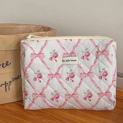 Cute Bow Flower Cloth Handbag Quilting Cotton Makeup Bag Women Zipper Cosmetic Organizer Portable Toiletry Case for Girls
