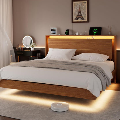 Cama Box King Size com LED e Estação de Carregamento – Estrutura Flutuante de Madeira com Cabeceira Armazenadora, Estrados Adesivos