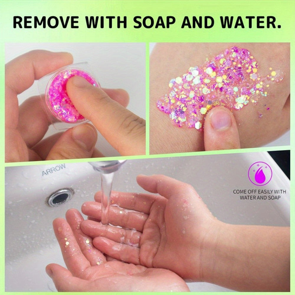 6pcs Glow in The Dark Glitter Gel Water-Based Chunky Glitter for Mardi Gras Christmas Carnival Rave Festival Outfits