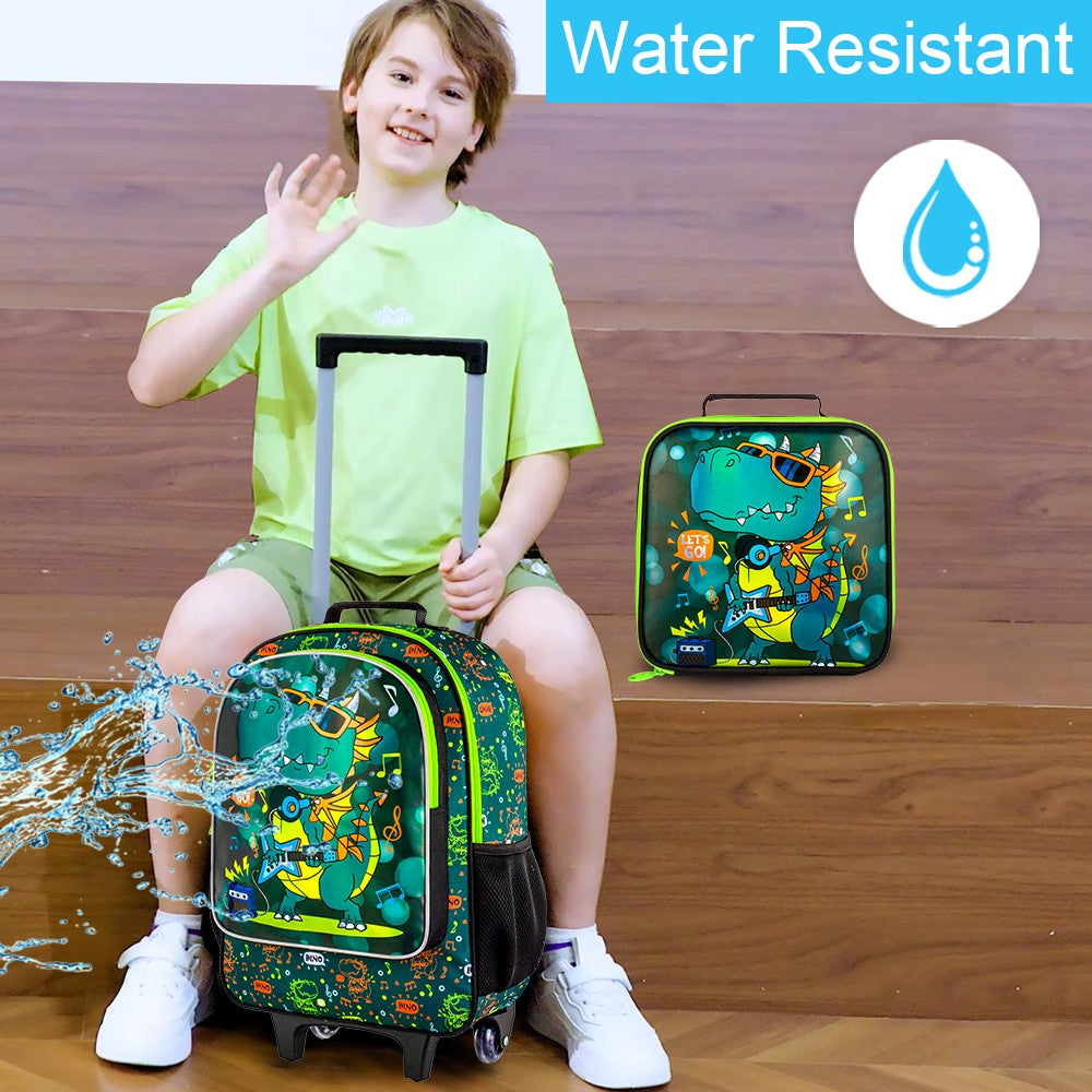 Mochila de Rodinhas de Dinossauro 3 Peças para Meninos, Mochila Escolar Infantil com Rodas, Mochila de Rolamento com Lancheira para o Ensino Fundamental