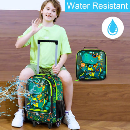 Mochila de Rodinhas de Dinossauro 3 Peças para Meninos, Mochila Escolar Infantil com Rodas, Mochila de Rolamento com Lancheira para o Ensino Fundamental