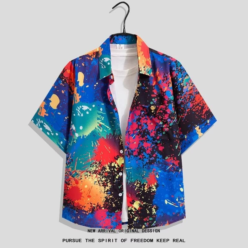 Y2K Men Oversize Street Fashion Summer Daily Shirt Hawaiian Splash-ink Print Casual Loose Short Sleeve Beach Shirts For Man Tops