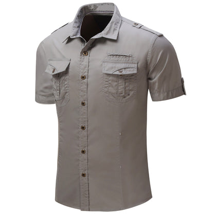 2025 New Fashion Men's Short Sleeve Safari Shirt Tops Summer 100% Cotton Solid Color Casual Cargo Work Shirts with Pocket