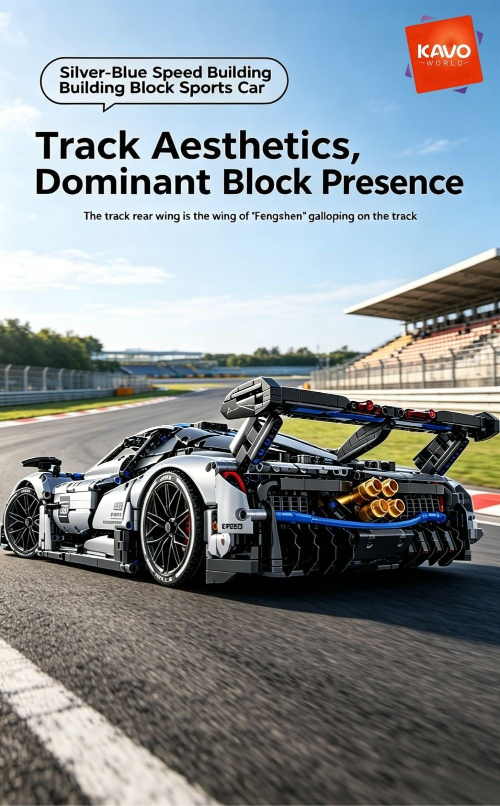 KAVOWORLD 1:8 Scale Silver-Blue Technical Super Racing Sports Car Building Blocks Set 3526pcs DIY STEM Assembly Premium ABS Racing Car Building Bricks Toy Model with Rear Linkage Engine & Track Wing, Ideal Birthday Christmas Gift for Teens Adults