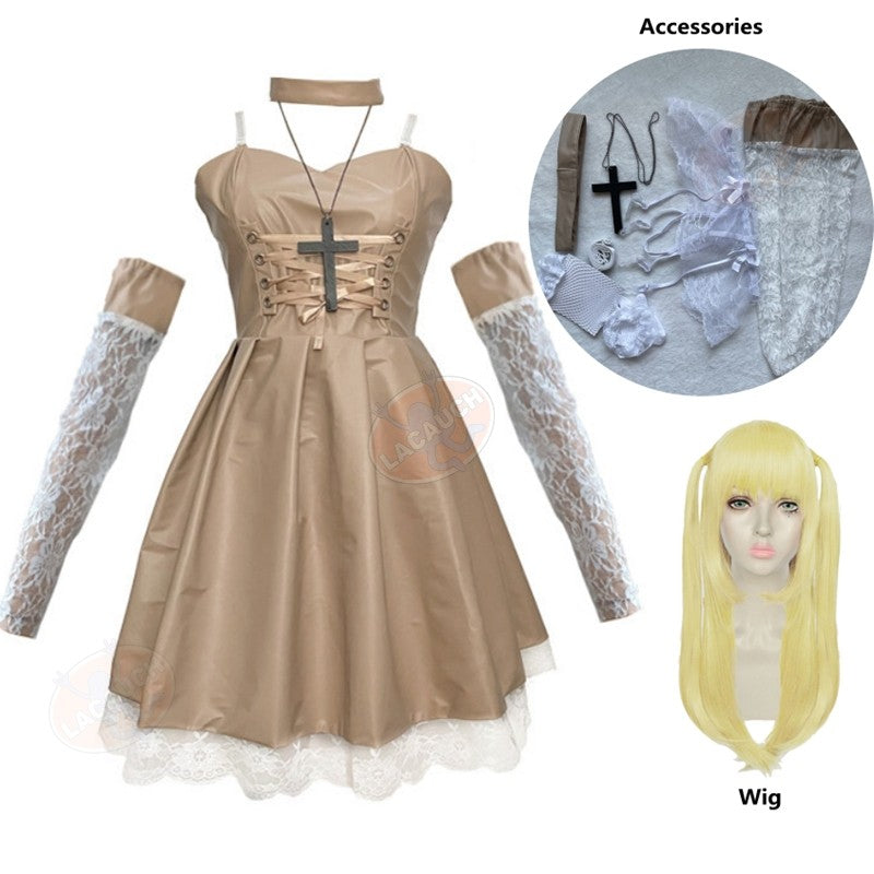 Death Note Cosplay Costume Misa Amane Imitation Leather Sexy Dress +Neck jewelry+stockings+necklace Uniform Outfit Halloween Wig