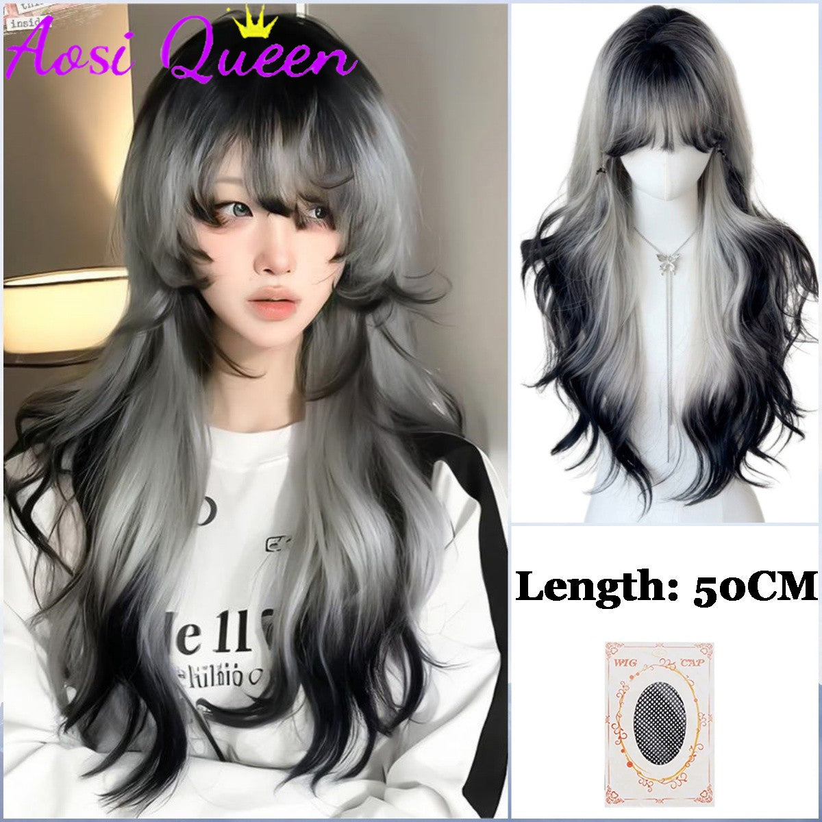 AOSI Synthetic Mint Green Wig Long Hair Summer Thin Bangs Long Straight Hhair Daily Party Cos Wig