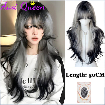 AOSI Synthetic Mint Green Wig Long Hair Summer Thin Bangs Long Straight Hhair Daily Party Cos Wig