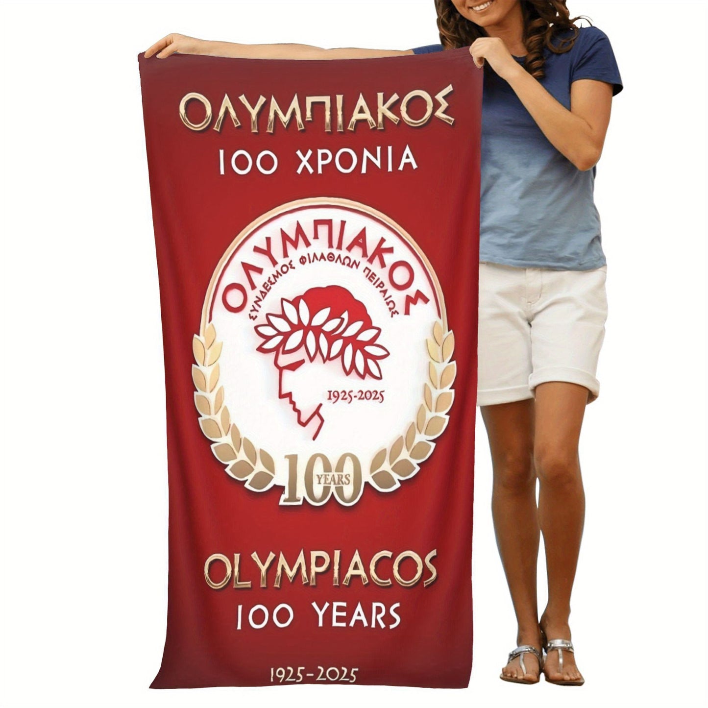 Olympiacos 100th Anniversary Themed Microfiber Beach Towel - Contemporary Design with Red & Golden Laurel Wreath Logo