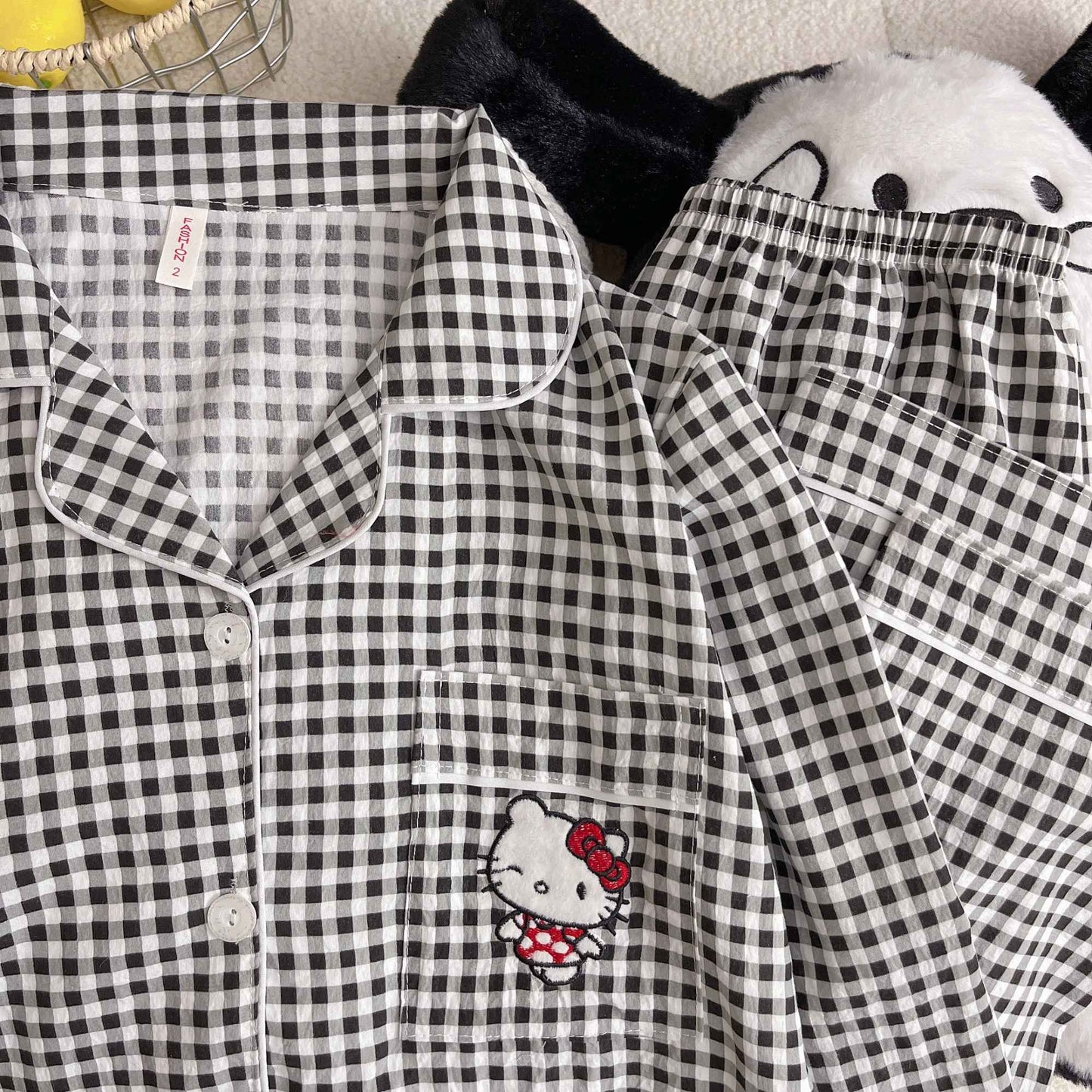 Hello Kitty Embroidered Women's Pajamas Set Fall Spring Plaid Print Loungewear Long Sleeve Cardigan Top and Pants Home Sleepwear