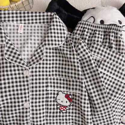 Hello Kitty Embroidered Women's Pajamas Set Fall Spring Plaid Print Loungewear Long Sleeve Cardigan Top and Pants Home Sleepwear