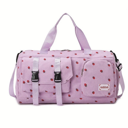 Large Capacity Travel Duffel Bag with Strawberry Pattern, Wet/Dry Separation, Independent Shoe Compartment & Multiple Pockets