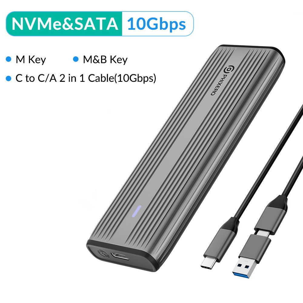 PHIXERO M.2 NVMe SATA SSD Enclosure Duplo Protocolo NVMe para Adaptador USB 10Gbps USB 3.1 Gen2 USB C Case Externo Liga de Alumínio