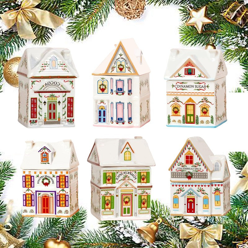 ?1PCS Holiday Village Spice House Set, Mini Christmas Gingerbread Houses Jars, Kitchen Countertop Festive Decor, New Year Gifts