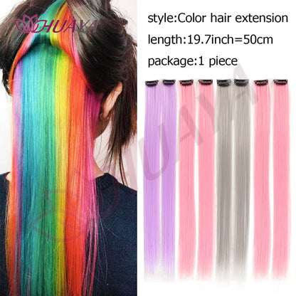 Extensões de Cabelo Sintéticas Coloridas de 2 Peças 50cm, Longas Lisas Rosa/Azul/Roxo para Halloween/Natal