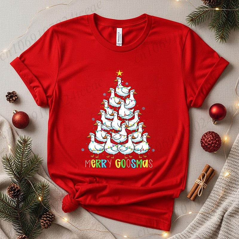 Funny Merry Goosmas T-Shirts for Women,Trendy Christmas Goose Shirt Design,Christmas Tree Party T-Shirts for Women Men Clothes
