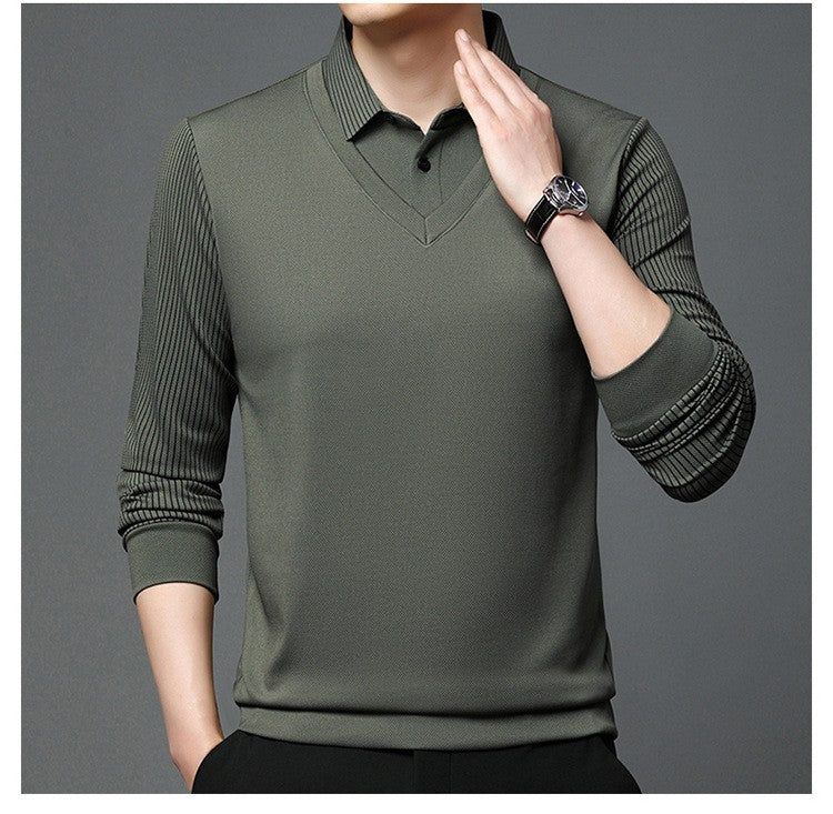 Fashion Fake Two-piece Men Long Sleeve Shirt Stripe Splice Lapel Loose Casual Pullover Tops 2025 Male Formal Business Polo Shirt