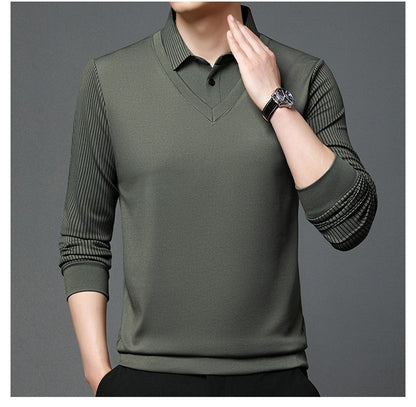 Fashion Fake Two-piece Men Long Sleeve Shirt Stripe Splice Lapel Loose Casual Pullover Tops 2025 Male Formal Business Polo Shirt