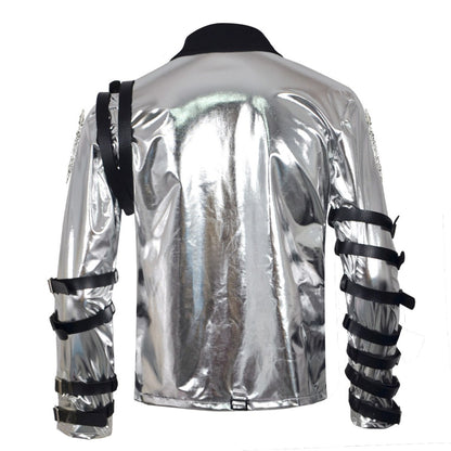 New In Stock: Michael Jackson Bad Era Silver Jumpsuit. Retro Rock Star Stage Performance Bodysuit & Top