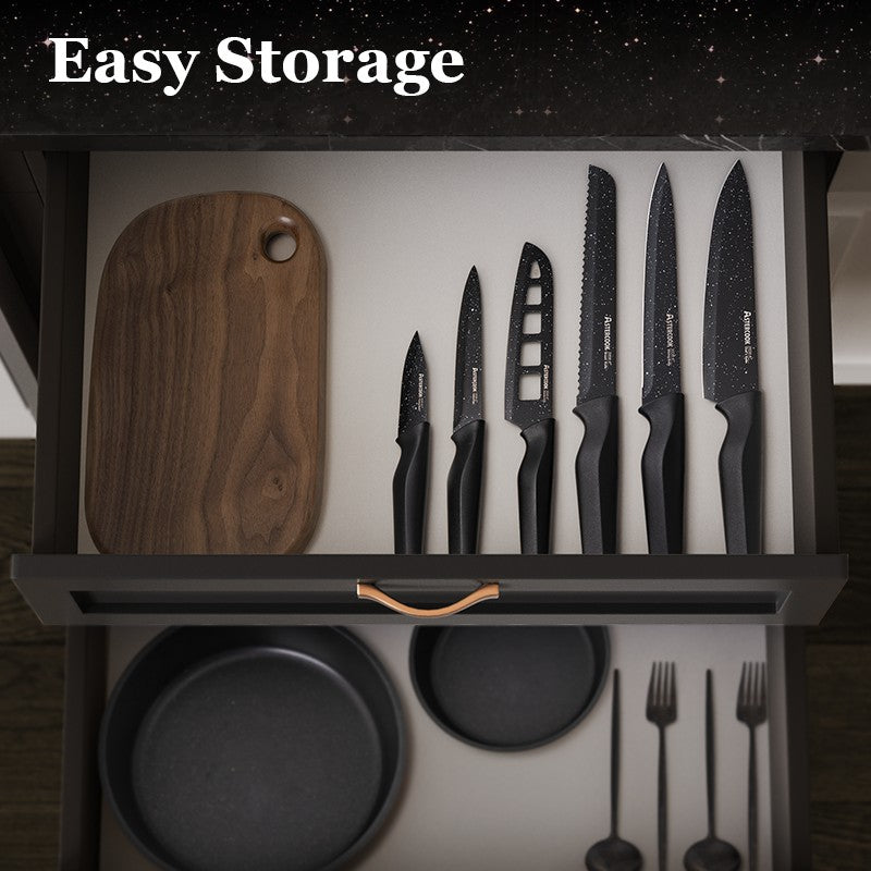 Conjunto de facas Astercook de 6 peças, conjunto de facas de cozinha estreladas com protetores de lâmina, laváveis na lava-louças, aço inoxidável alemão de alto carbono