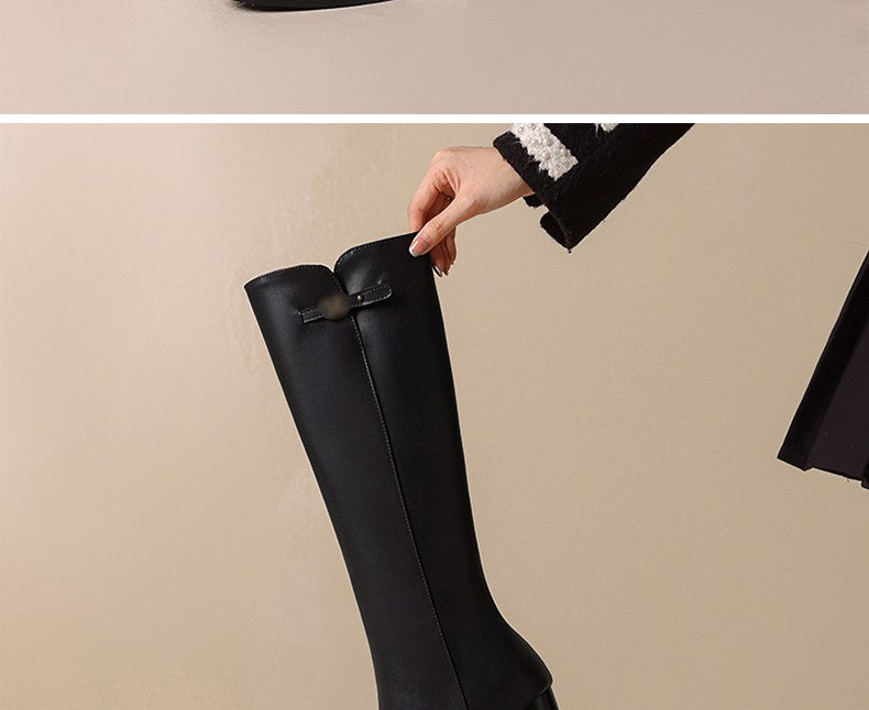 Ods Soft Cow Leather Black Knee High Boots Chunky Mid Heels Zipper Women's Long Boot Big Size Luxury Designer Sexy Shoes 4143 46