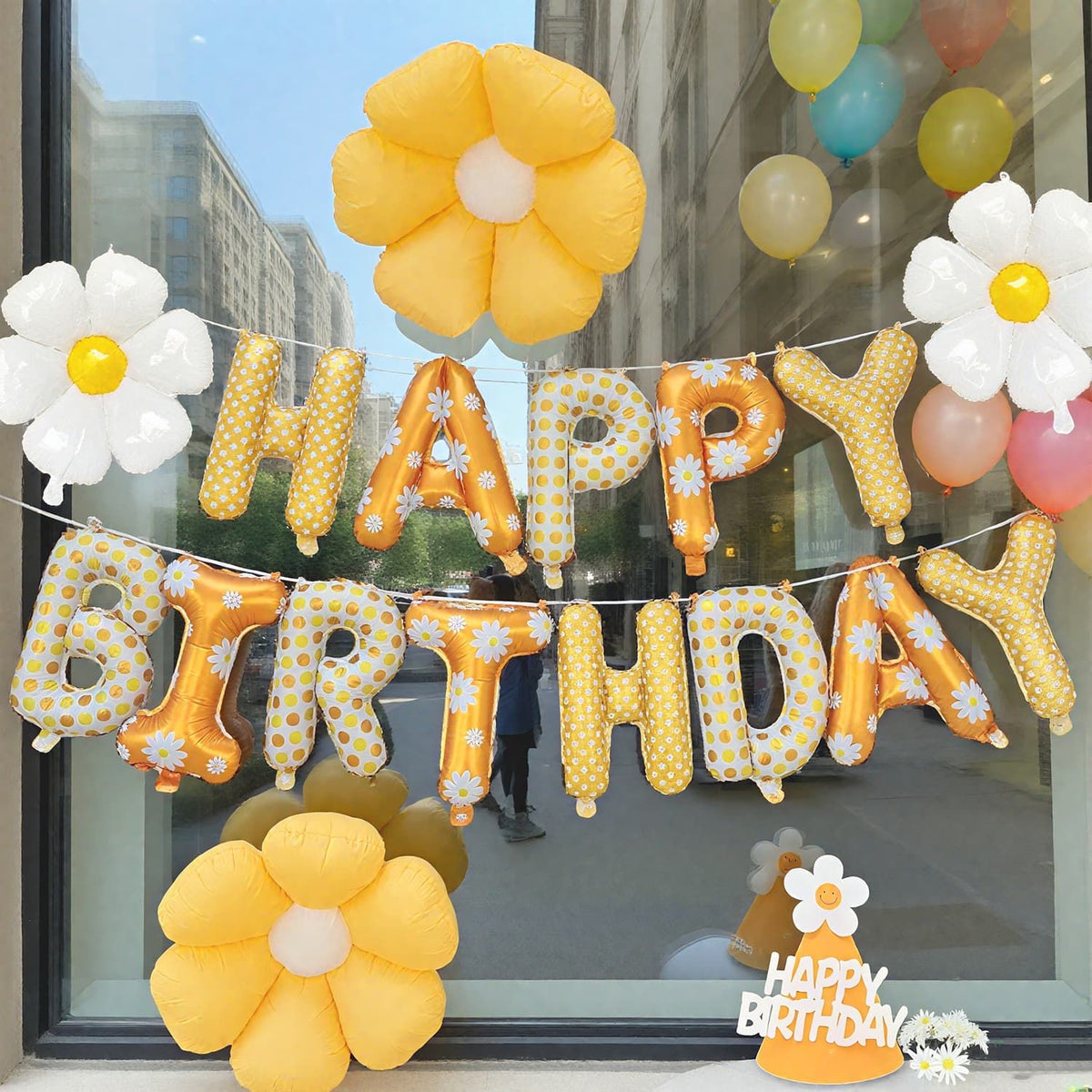 Daisy Flowers Happy Birthday Letter Balloon Flower Aluminum Foil Balloon with Birthday Hat Birthday Party Decoration Supplies