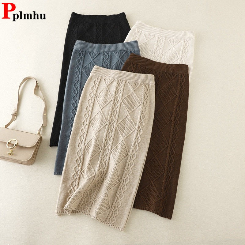Fall Winter Thick Knitted Slim Skirt Women Casual Elastic High Waist Knitwears Straight Faldas Classic Solid Mid-length Saia New