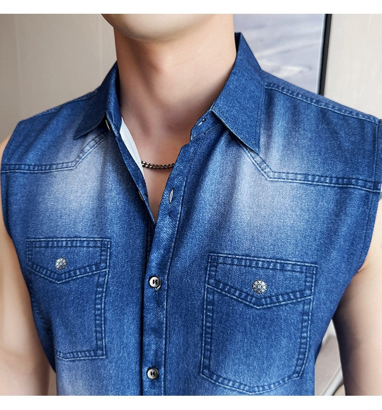 Men's Slim-Fit Sleeveless Denim Shirt Vest: WashedFabric Wrinkle-Free & Stylish Casual Wear? M-4XL