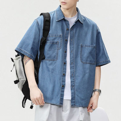 2025 Summer New Men's Casual Loose Shirt Polo Neck Short Sleeve Single Breasted Shirts Men's Vintage Solid Cargo Jeans  Tops